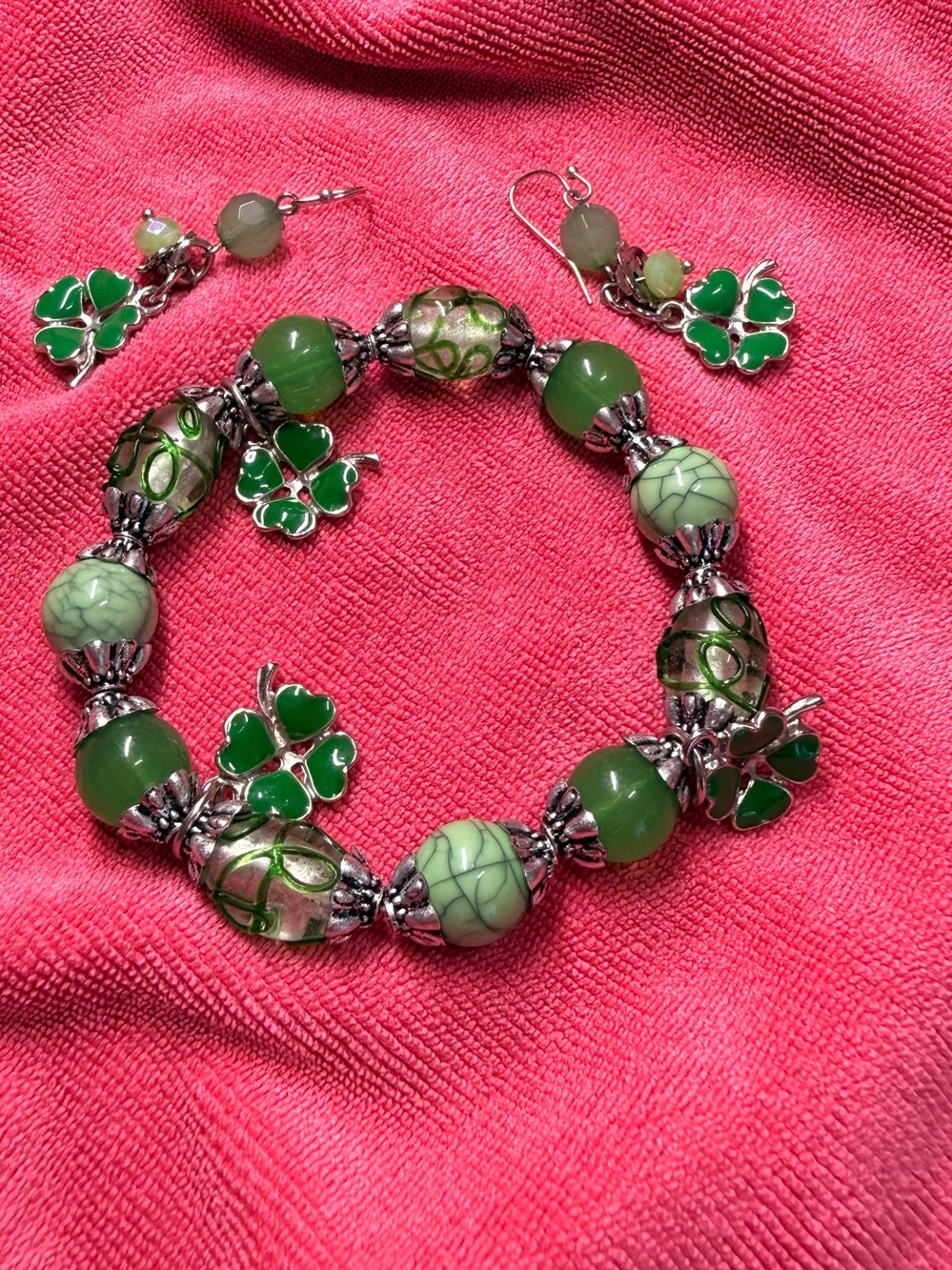 Green Bead Bracelet and Earrings Set with Clover Charms